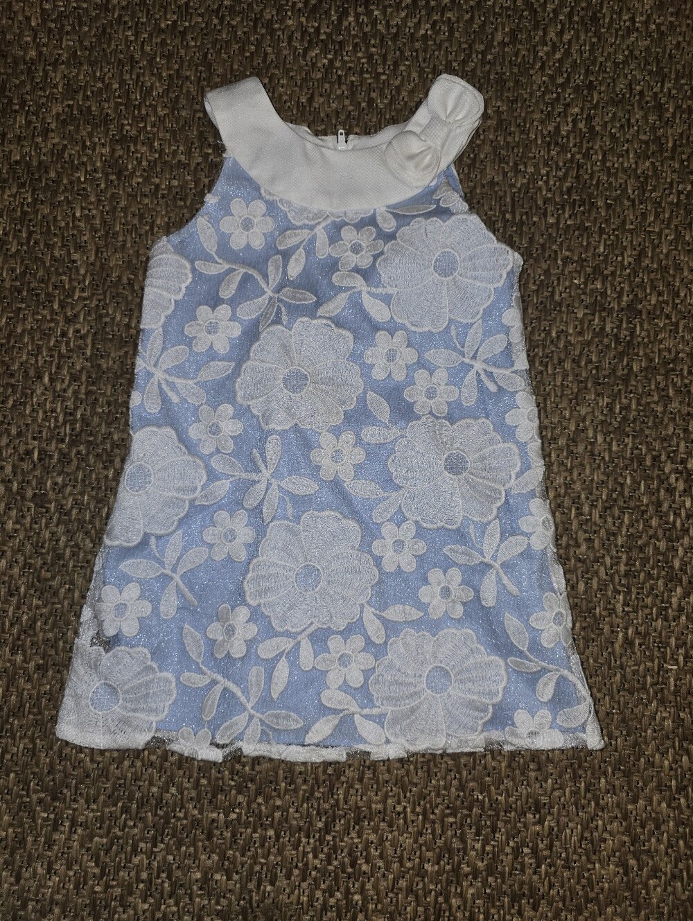 Rare Editions Blue Dress with White Floral Lace Overlay